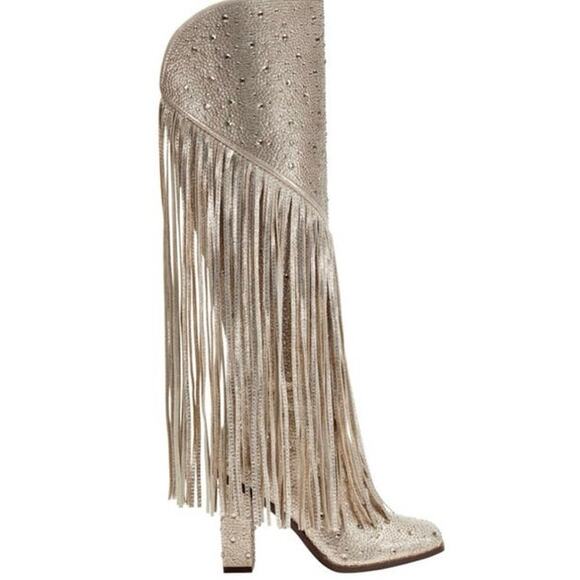 Jessica Simpson Asire2 Champagne Fringed Western Heeled Rhinestone Boots Size 7 - Picture 9 of 9